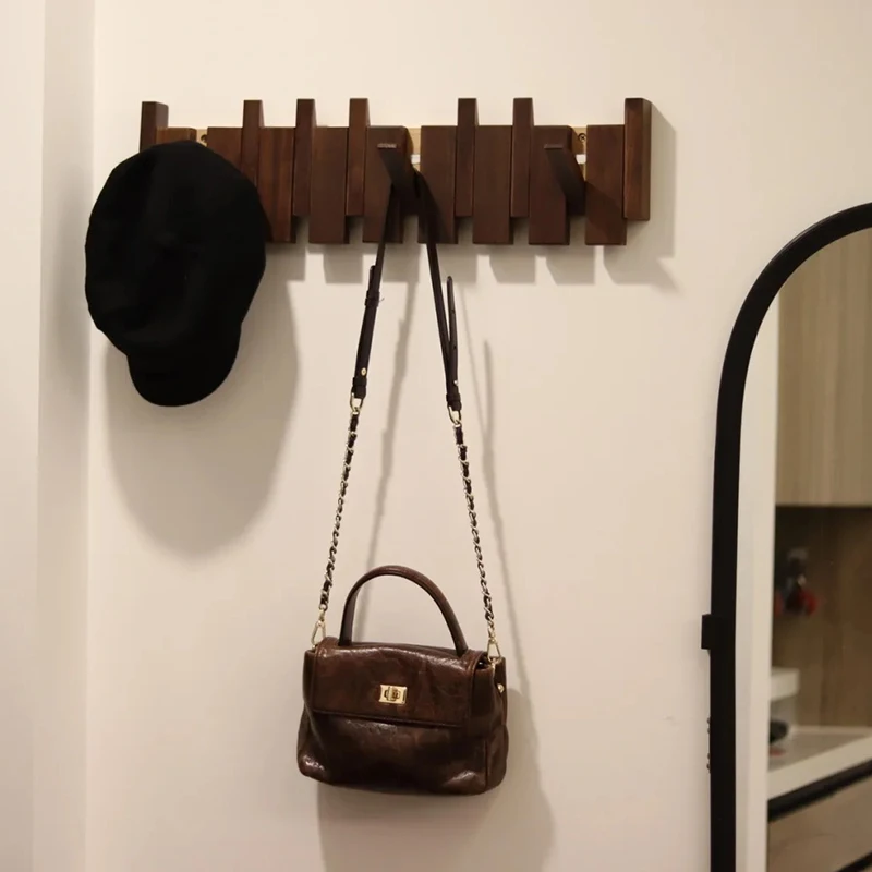 GOGREEBELL Klaviergarderobe Aus Akazienholz - Klappbar Mit 6 Haken, Walnussfarbe, Rustikale Wandgarderobe