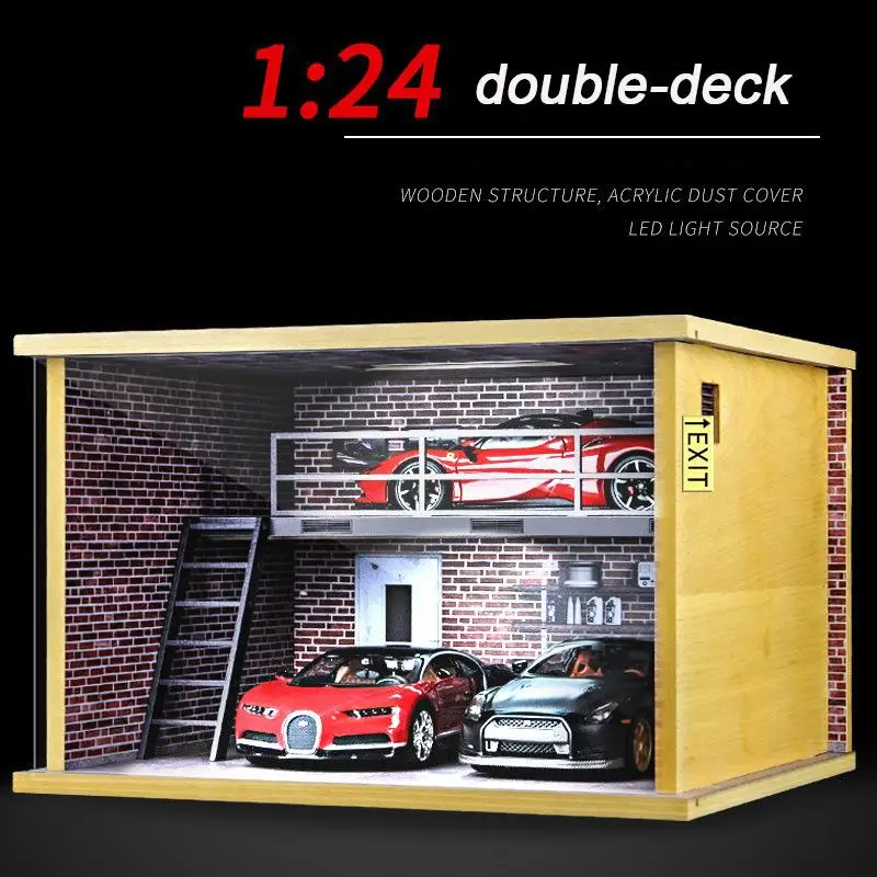 1/24 Scale Simulation Double storey Car Garage Model Led Lights Wood