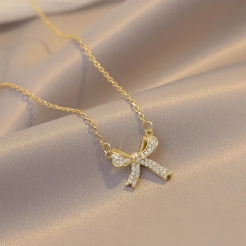 Exquisite Copper Inlaid Zirconia Bow Pendant Necklace for Women Girls Sweet Clavicle Chain Bridal Wedding Jewelry Accessories 1