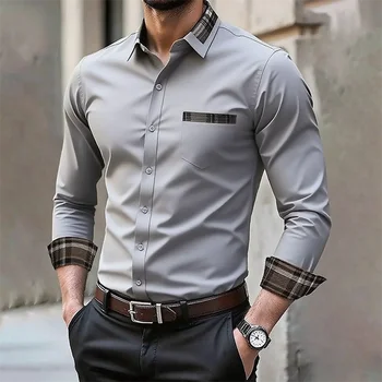 Camicia da uomo con risvolto a maniche lunghe senza ferro, camicia a maniche lunghe casual e comoda, camicia interna primaverile e autunnale, taglie forti 1