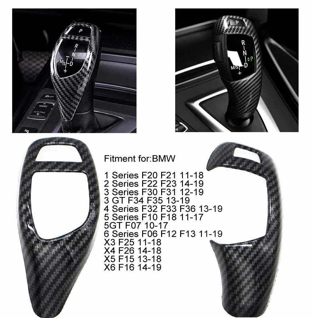 Carbon Fiber Texture Car Gear Shift Panel Frame and Knob Cover Trim