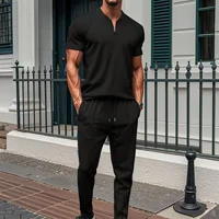 Polo à col gaufré pour hommes, petite fermeture éclair, couleur unie, T-shirt à manches courtes, pantalon, deux ensembles, nouvelle collection 4