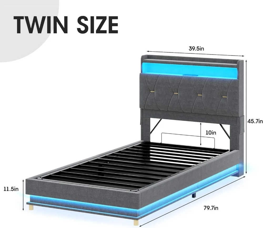 Twin Size Lift Up Storage Bed Frame with Charging Station, LED Lights ...