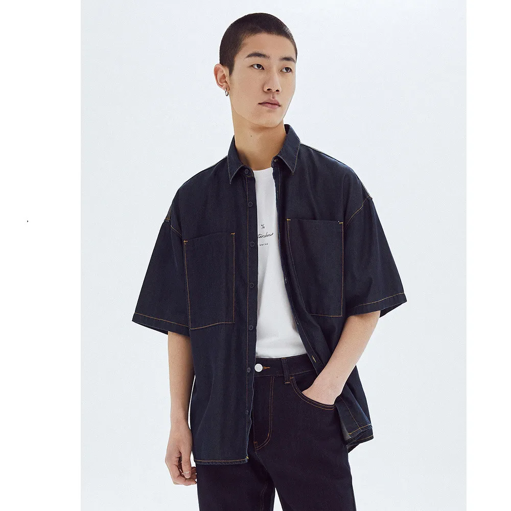 Metersbonwe Basic Denim Short Men Summer Loose SBlouse tudent Shirts Fashional Pockets Street Cowbody Shirt Male Tops Brand Tee