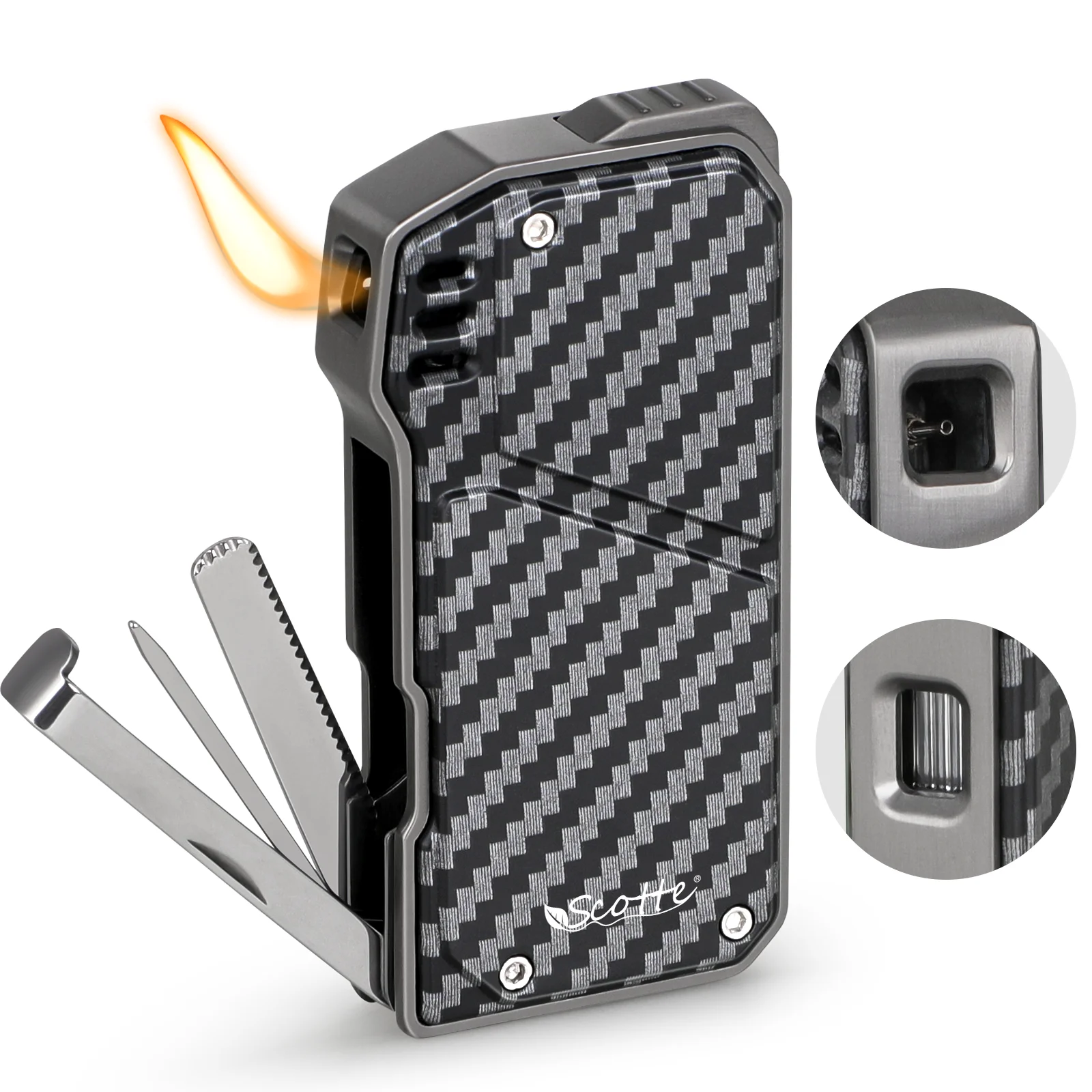 Scotte Cigar Lighter Refillable Butane With 3 Pipe Cleaner Tools