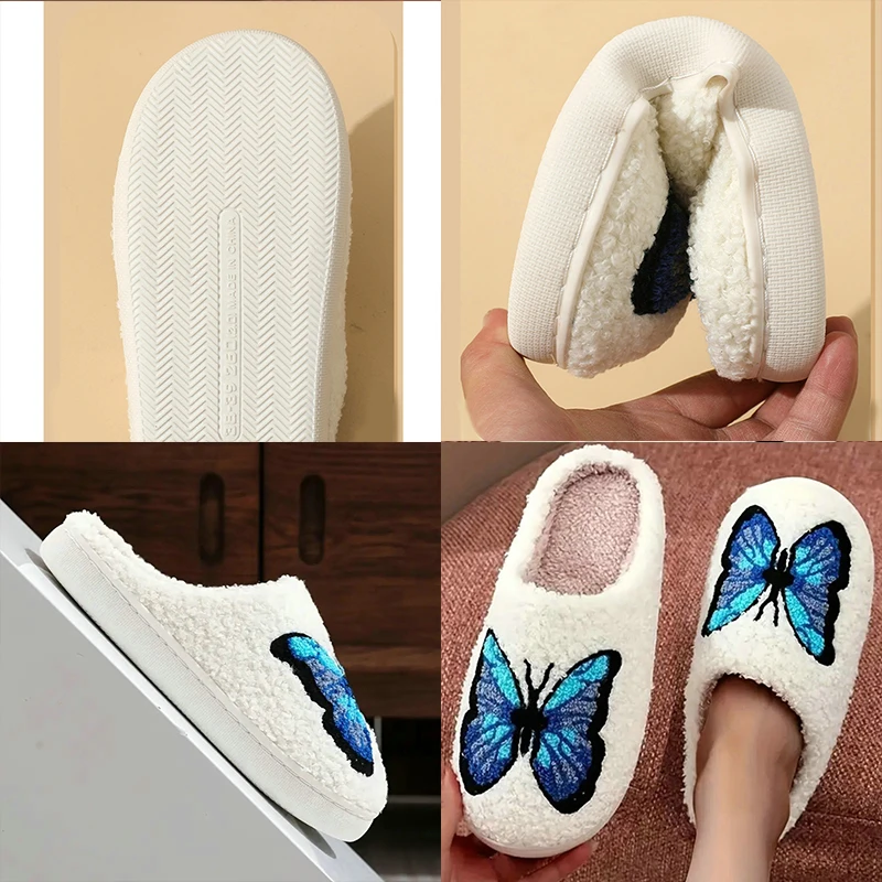 Woman Autumn Winter Shoes Butterfly Embroidery Cotton Slippers Non Slip Warm Indoor Floor Shoes Soft Plush Flat Home Slippers 3