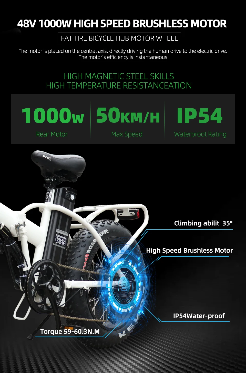 48V 1000W 20 26x4.0 Fat Tire Hub Motor Rear Droupout 170/190mm for