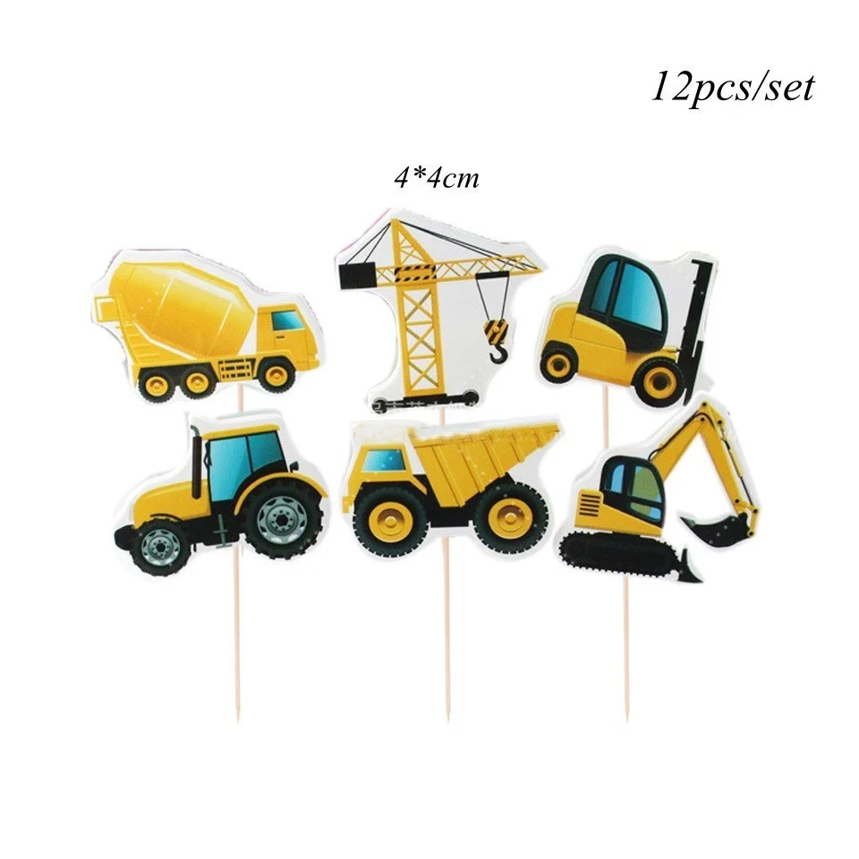 1set Construction Bulldozer Series Disposable Tableware Paper Cups Plates Truck Balloons For Boy's Birthday DIY Party Decoration 