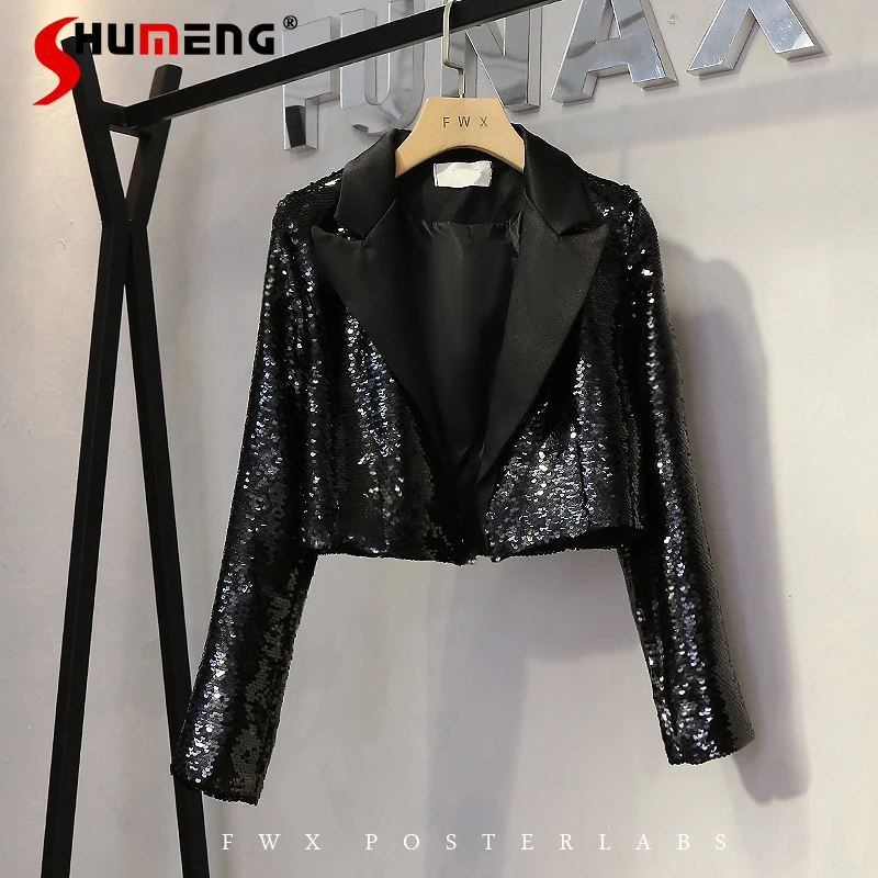 2022 Spring New Fashion Female All-Matching Glitter Cropped Suit Jacket Women's Long Sleeve Sequins Short Women Blazer Coat |