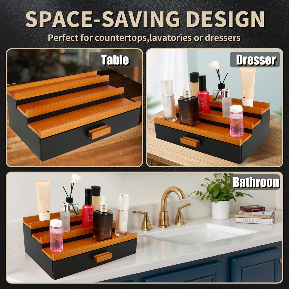 Ripiano Espositivo In Legno A 2 Livelli - 29.7x15.8x9.3cm, Colore Mandorla Sbiancata