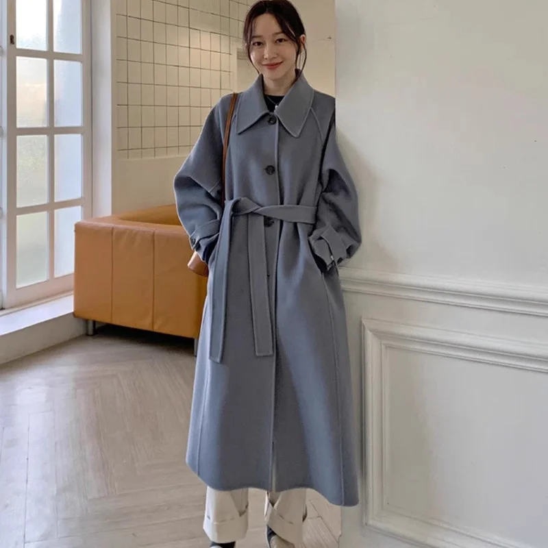 

Spring Autumn Korean Loose Mid-length Imitation Woolen Coat With Sashes Casual Lapel Single-breasted Long Sleeve Female Overcoat