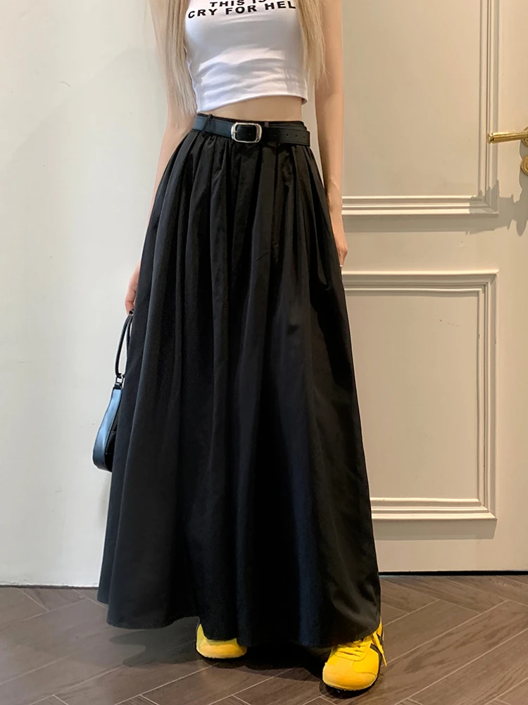 Long Skirts Women Loose Autumn Pleated High Waist Pure Temperament Chic Aesthetic Bottoms Harajuku Leisure Korean Fashion Faldas