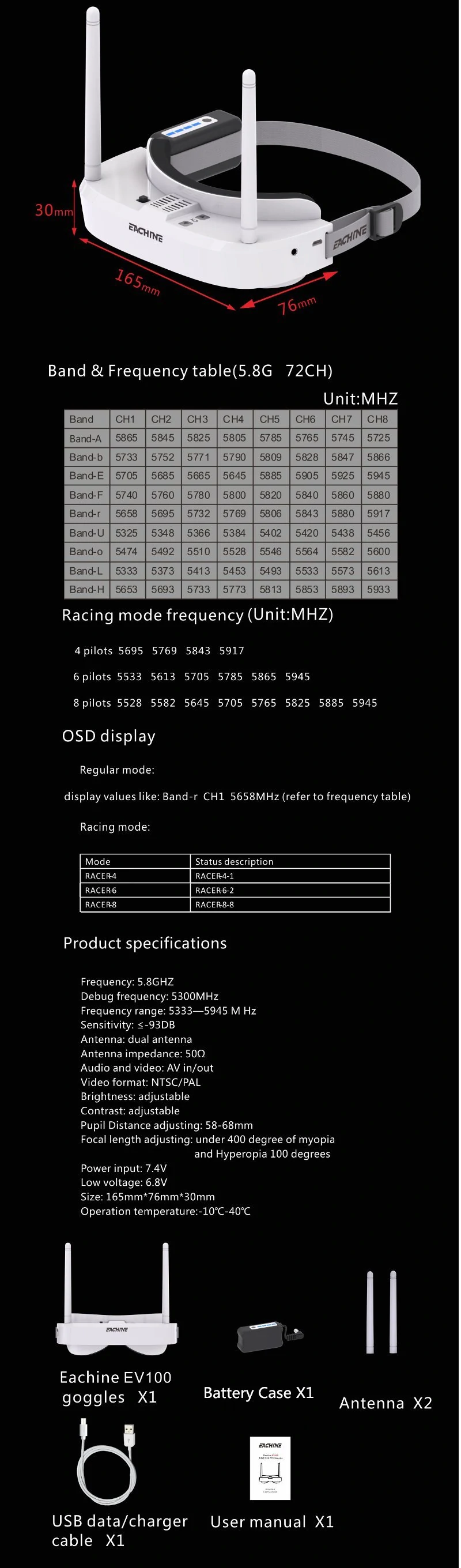 Eachine EV100 720*540 5.8G 72CH FPV Goggles With Dual Antennas Fan 18650 Battery Case For RC Drone