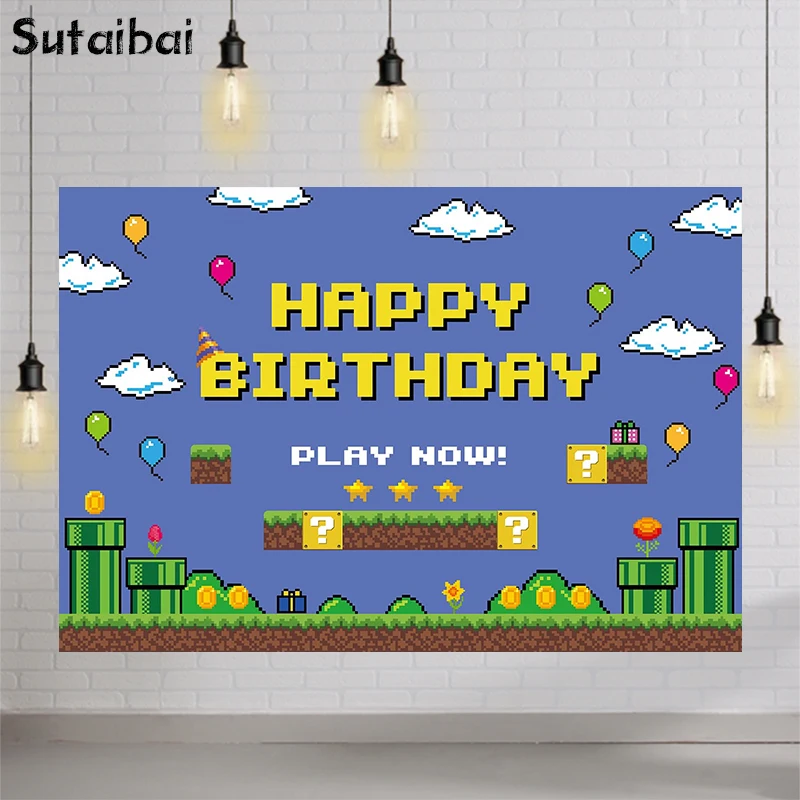Game World Pixel Party Block Super Happy Birthday Backdrop Banner For Boys Kid Background Wall Decoration Photo Booth Photophone