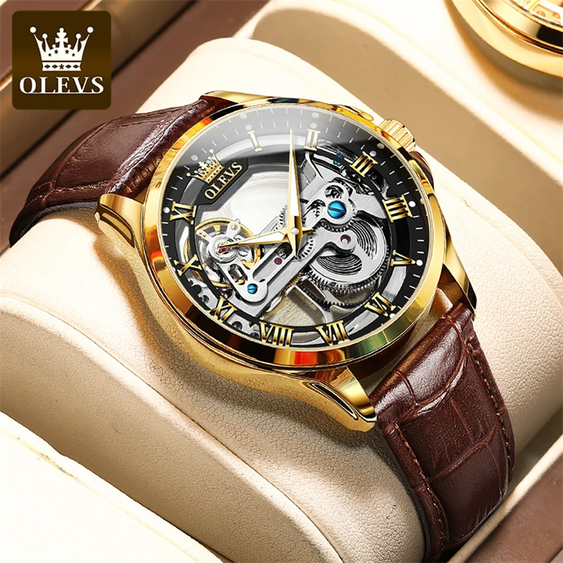 OLEVS Brand Fashion Transparent Mechanical Watch for Men Leather Waterproof Luminous Hands Steampunk Skeleton Watches Mens