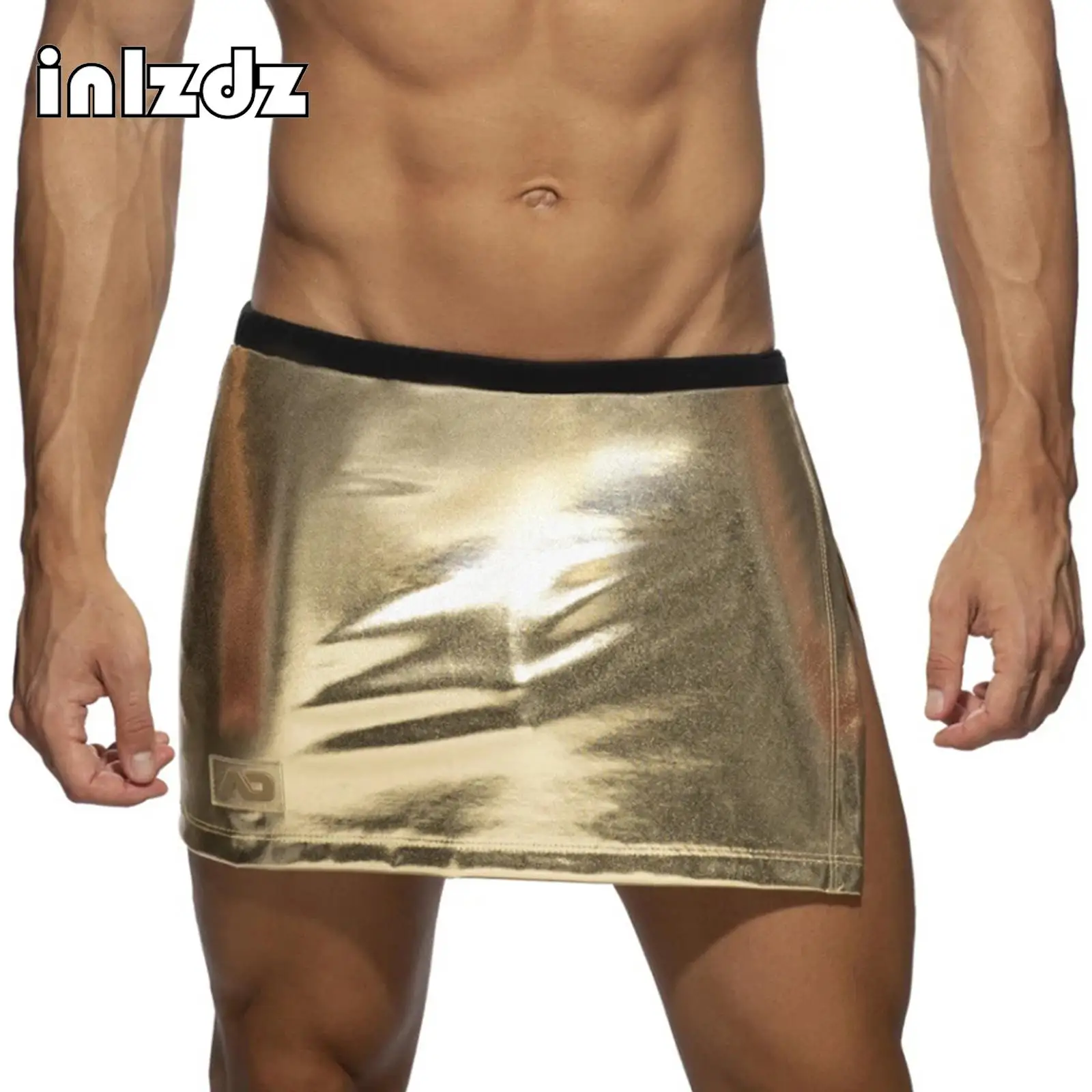 

Mens Party Shows Low Waist Miniskirt Metallic Shiny Contrast Skirt Wide Side Opening Adjustable Waist Mini Skirt for Nightclubs