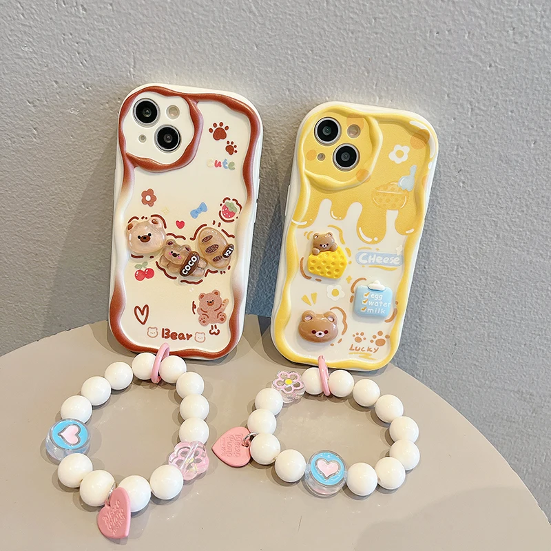 Cream Cake 3D Cartoon Cute Bear Bracelet Wave Phone Case Cover