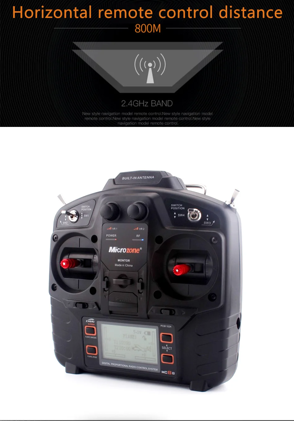 Microzone MC8B 2.4G 8CH Remote Control Transmitter & MC8RE/ MC9002 Receiver Radio System For RC Aircraft Fixed-wing Helicopter 16 built-in ANTENNA SeCt Postod' Position SwA Sw3