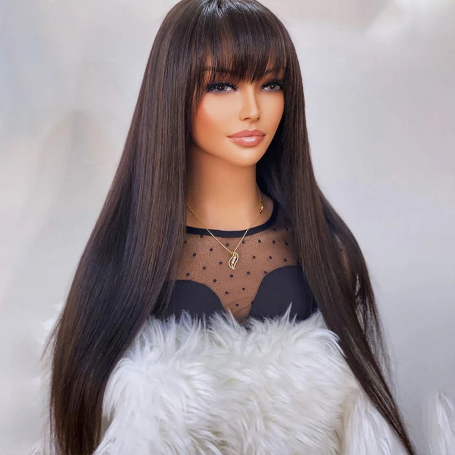 

Wig With Bangs 30 Inch Human Hair Wigs For Women Glueless 100% Human Hair Sale Bangs Wig 3x1 HD Lace Made Remy Hair
