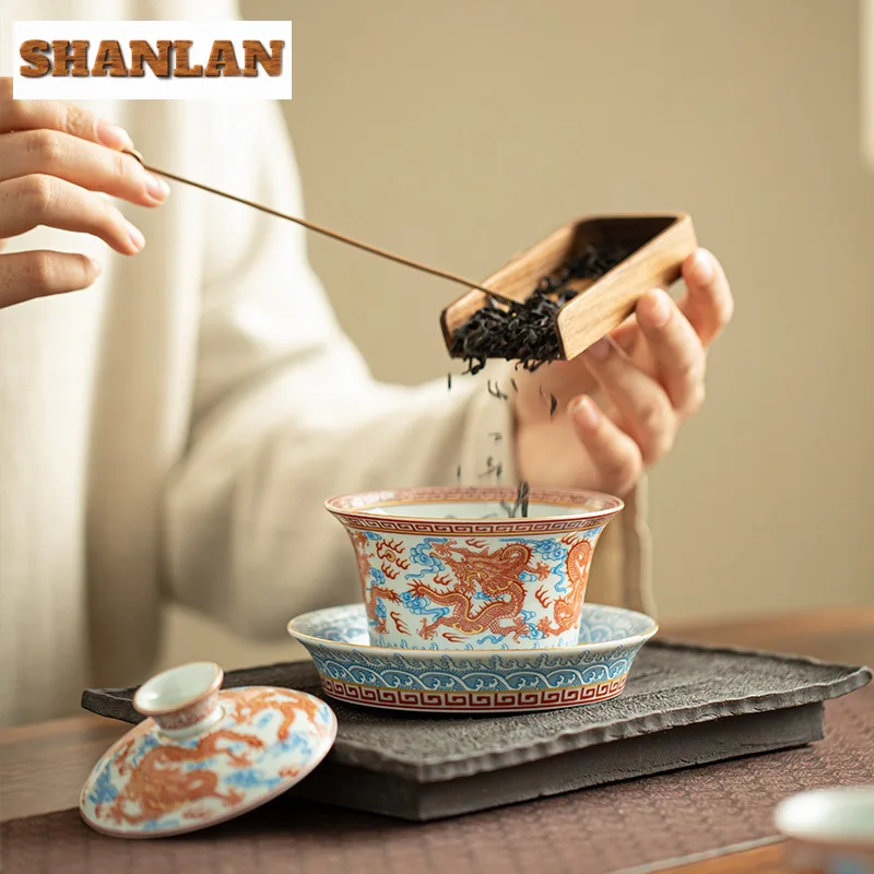 Handmade Jingdezhen Horseshoe Cover Bowl Alum Red Blue And White Teacup Chinese Dragon Tea Tureen Brewing Gaiwan Kung Fu Teaware