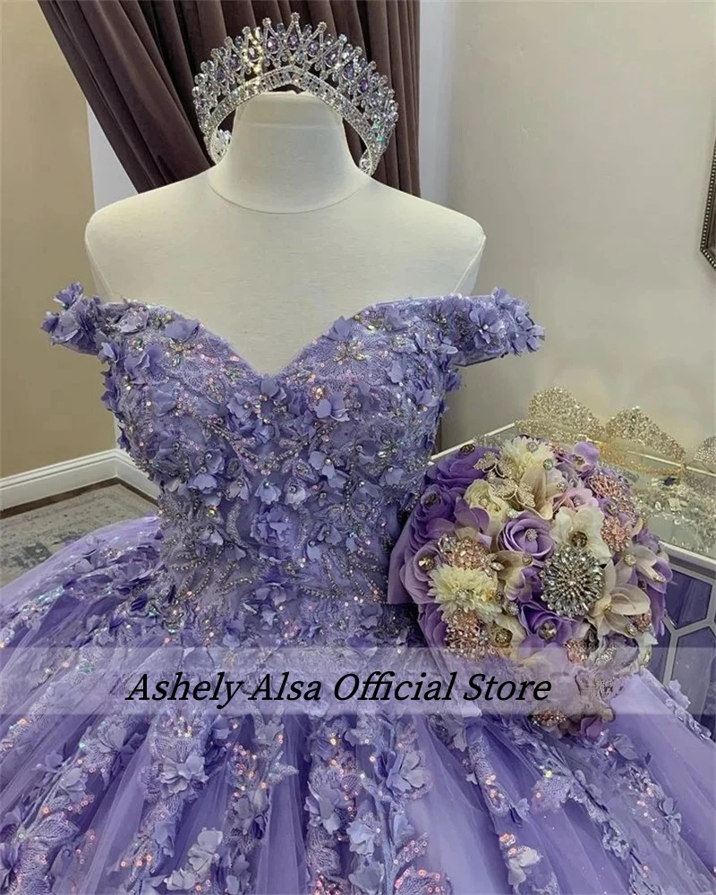 Ashely Alsa Luxury Purple Sweet 16 15 Dresses Quinceanera Gown 3D Floral Crystal Ball Skirt Women Occasion Party Prom Dress