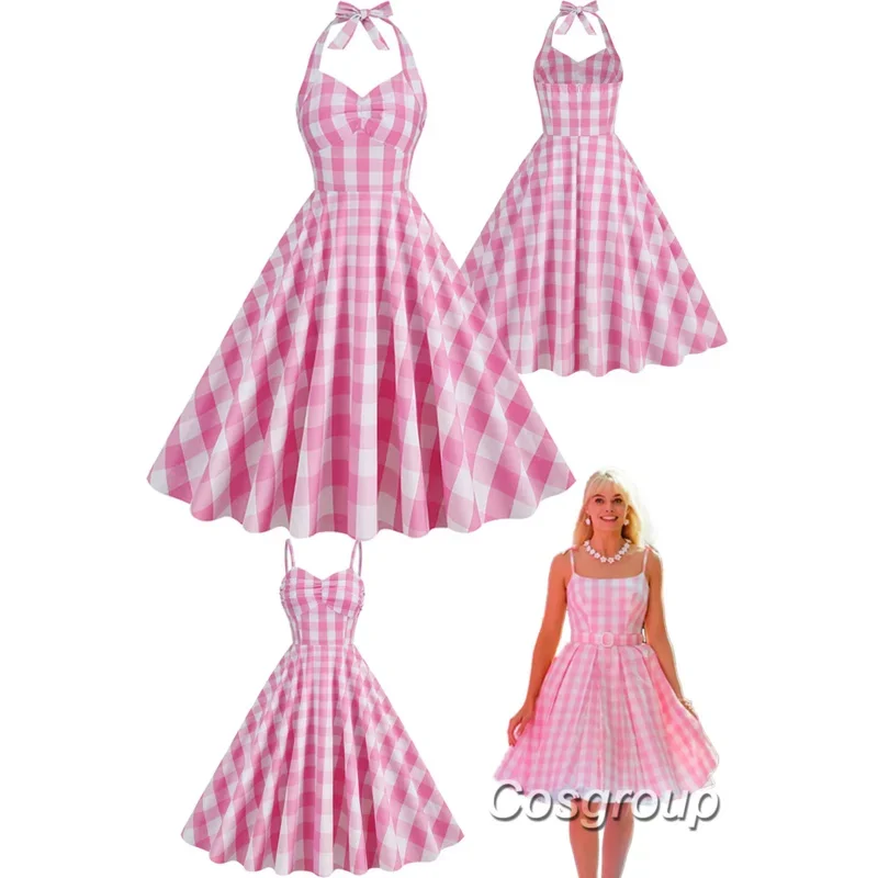 Castone Cosplay Fantasia Carino Rosa Plaid Mid Dress 2023 Movie Barbei Costume Fantasy Vita Alta Grande Swing Dress Halloween