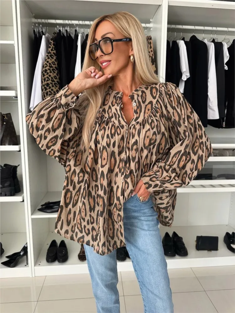 Camisa holgada de manga larga con estampado de leopardo para mujer