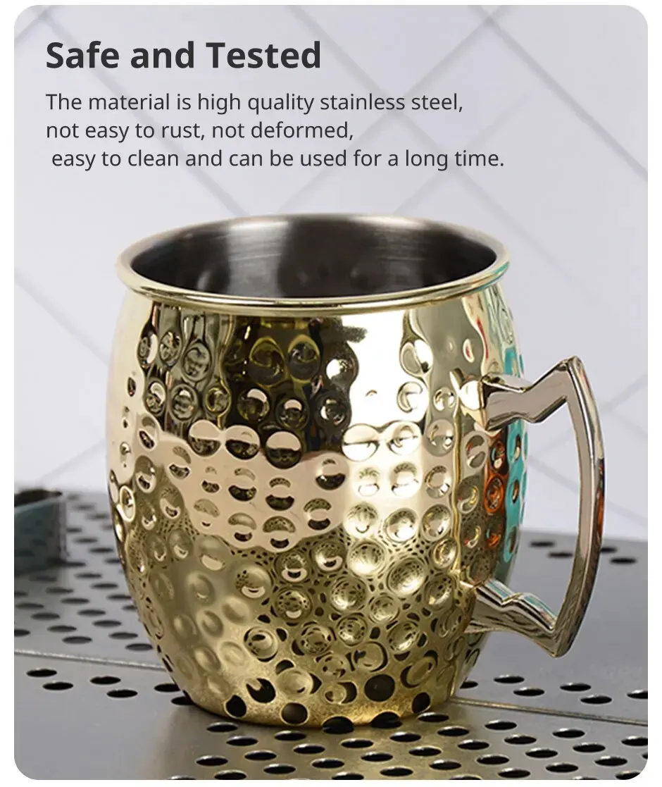 Description Picture 4 of itemCreative Stainless Steel Hammered Point Cocktail Mug, Non-Slip with Gold Handle Drum Mug for Home and Bar Drinking Mule Mugs