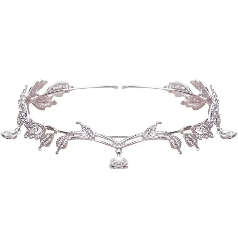 Crown Leaves Waterdrop Tiara Wedding Accessories Ladies Artificial Rhinestone Party Princess Elf Tiara Accessories