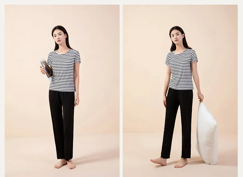 M-3XL Mode Gestreiften Drei Stücke Set Neue Modale Schlaf T-shirt + Shorts + Hose Hause Anzug Sommer Pyjamas Für Frauen nacht Kleidung – Detail 10