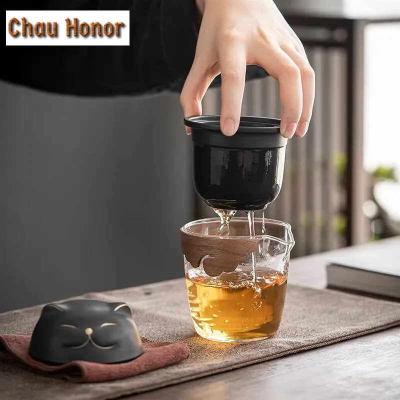 Lucky Cat Teacup Portable Travel Express Cup Ceramic Tea Water Separation Filter Teaset Chinese Kungfu Teaware Tea Ceremony Gift