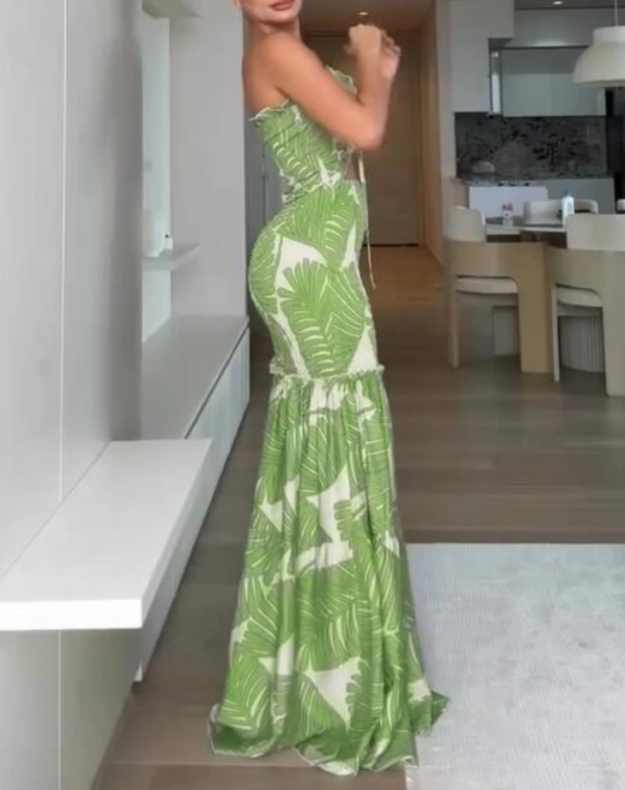 Tropical Print Dress - Slim Fit Mermaid Ruffle Hem Ankle Length Vacation Outfit