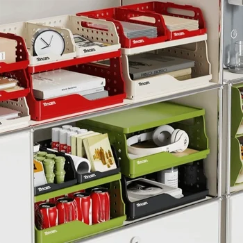 ชั้นวางหนังสือแบบพับได้ ประหยัดพื้นที่ วางซ้อนกันได้ ชั้นวางของบนโต๊ะทำงานแบบมีรูระบายอากาศ ชั้นวางของพลาสติกพร้อมลิ้นชักสำหรับจัดระเบียบโต๊ะทำงานในสำนักงาน 1