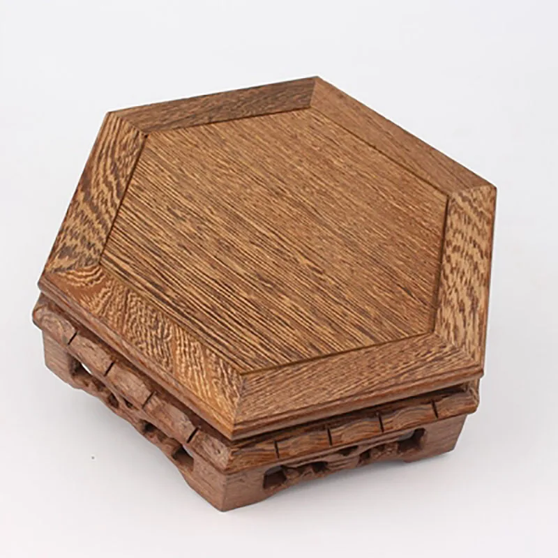 Wood Carving Hexagon Base, Vase, Teapot, Flower Vases, Crafts Decoration, Jade Stone Wooden Base