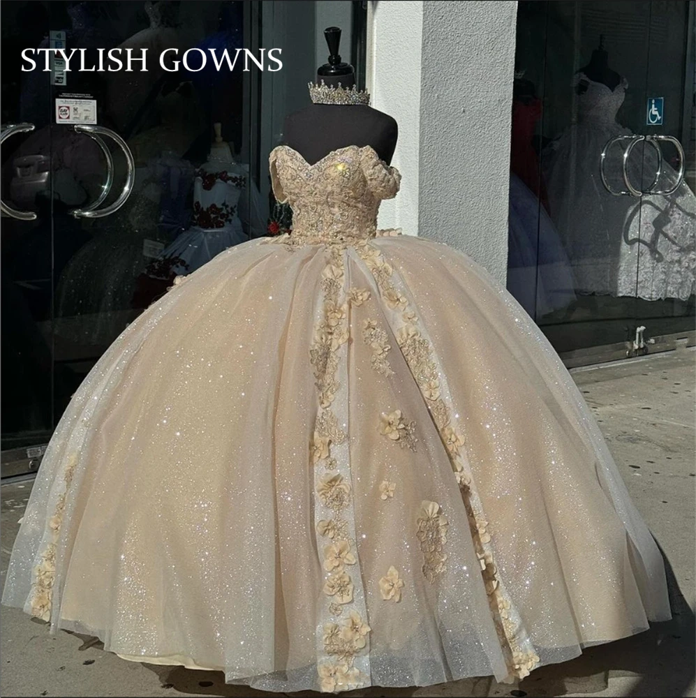 

Mexico Off The Shoulder Ball Gown Quinceanera Dress Beaded Birthday Party Gowns 3D Flowers Prom Dresses Vestido De 15 Anos Robe