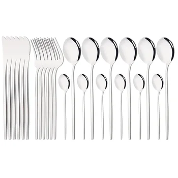 24 pezzi set di posate per cena in acciaio inossidabile argento coltello forchetta cucchiaio stoviglie specchio set di stoviglie matrimonio compleanno argenteria 1