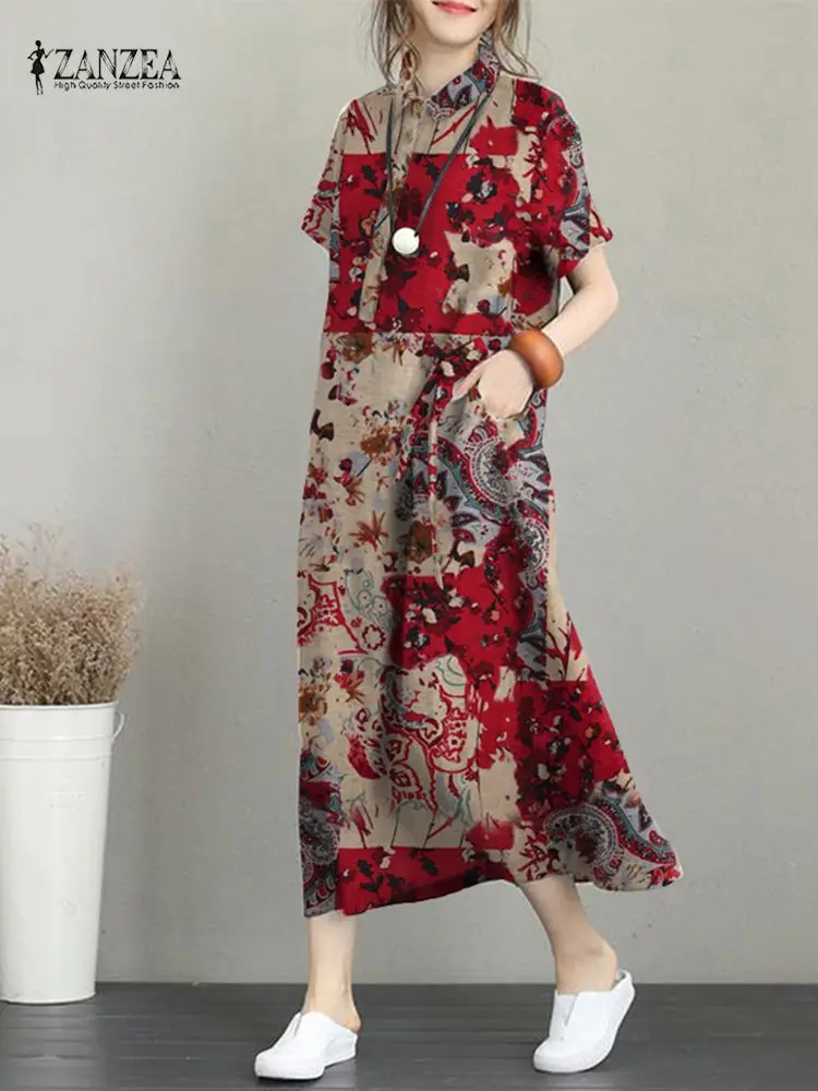 

Винтажное платье-рубашка с принтом ZANZEA, летнее женское платье с коротким рукавом и отложным воротником, богемные праздничные платья, модные рабочие платья, сарафаны