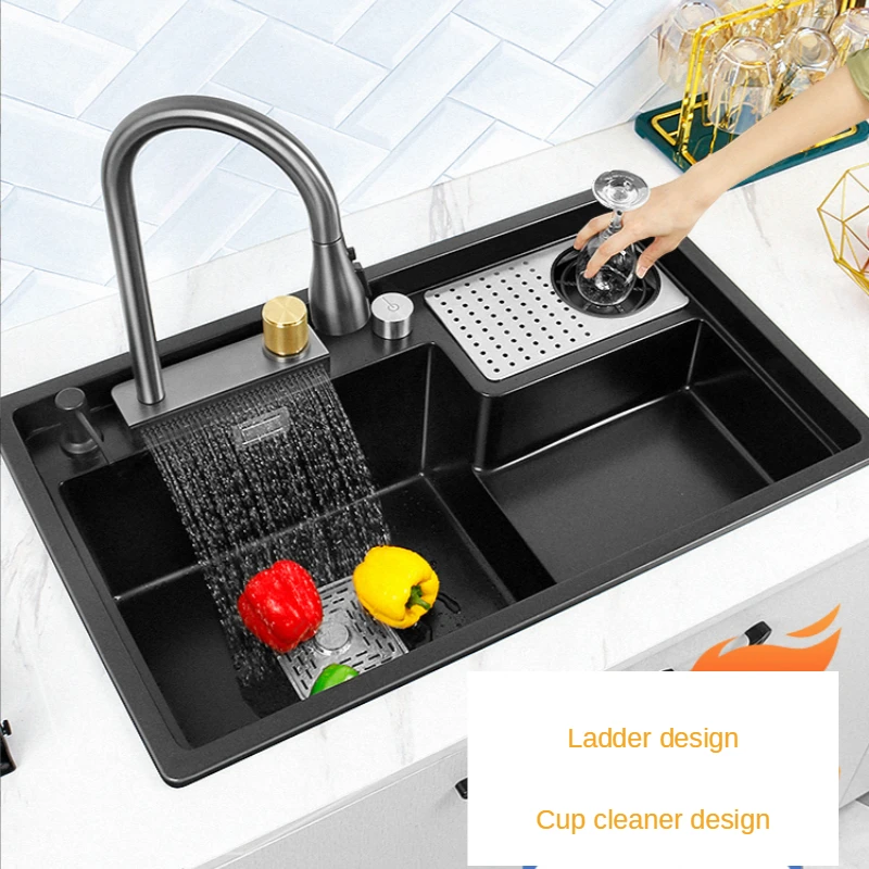 

Black Dishwashing sink Waterfall Sink Quartz With Cup Washer Stepped Large Single Granite Kitchen Wash Vegetable Basin