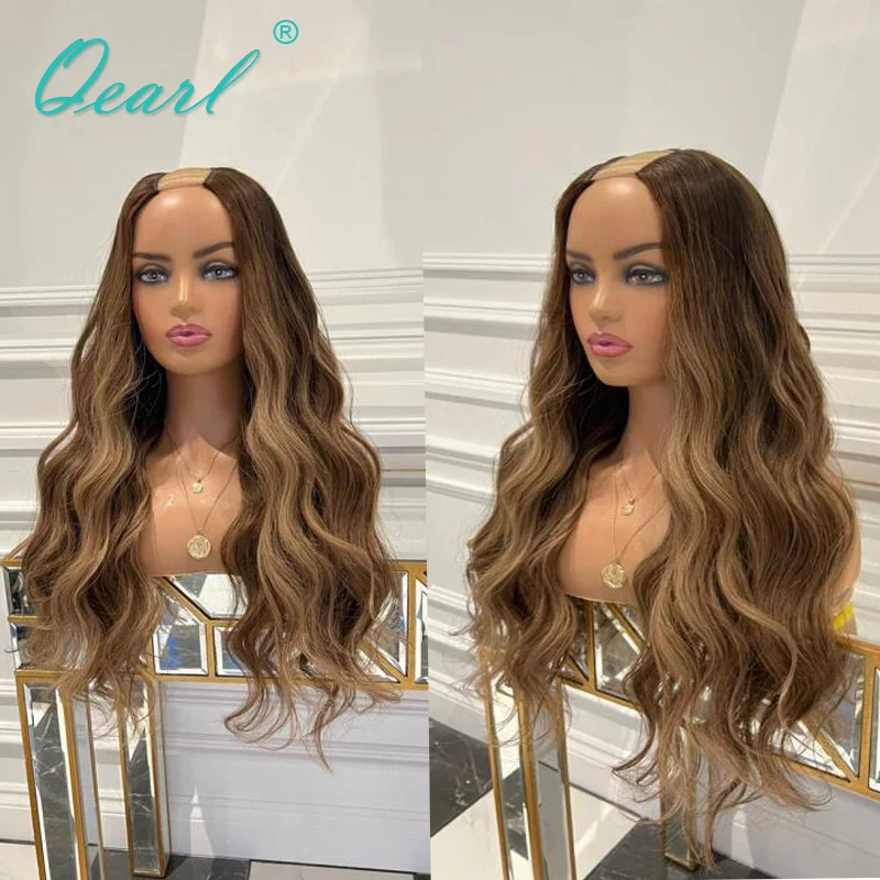 Ombre Highlights U Part Parrucca Capelli Umani Medium Brown Honey Blonde V Part Parrucche Per Le Donne 200% Parrucca Glueless Densità Spessa Qearl