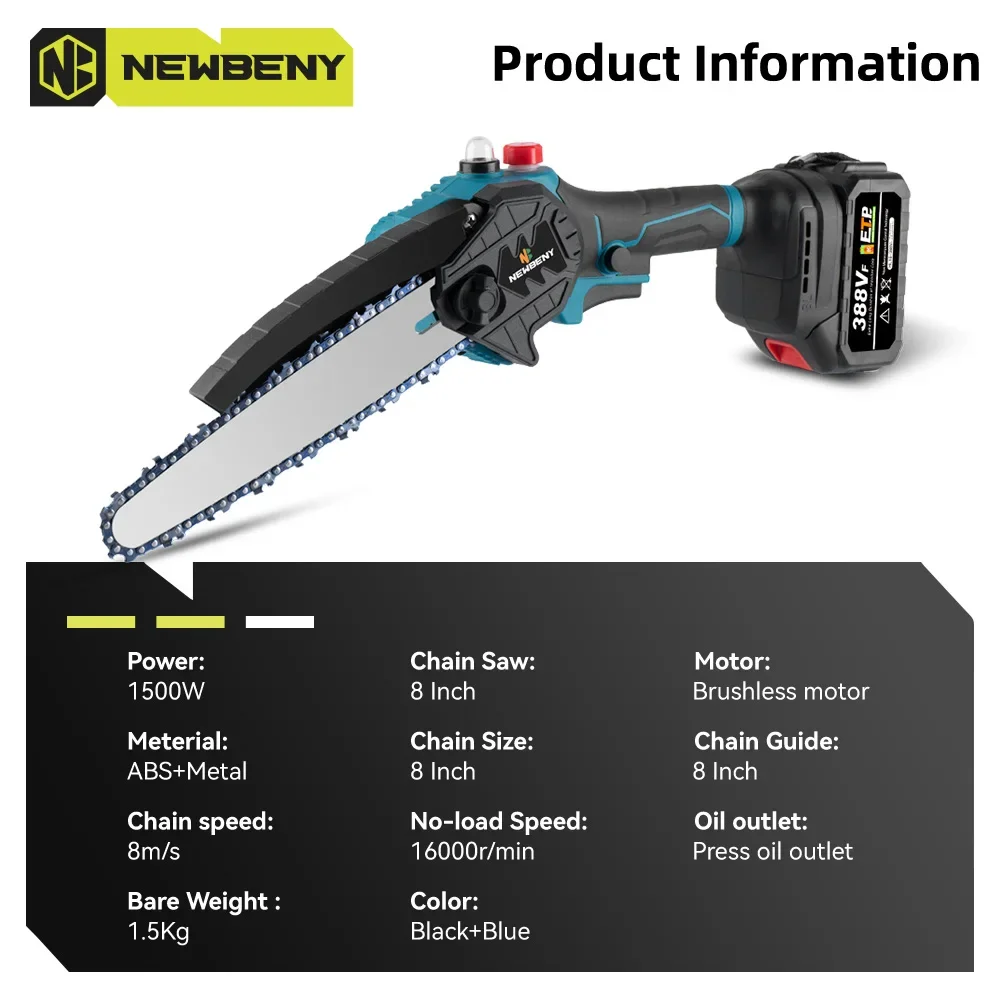 NEWBENY 8 Inch Brushless Cordless Oil Electric Chain Saw Handheld Rechargeable Woodworking Cutting Tool For Makita 18V Battery 3