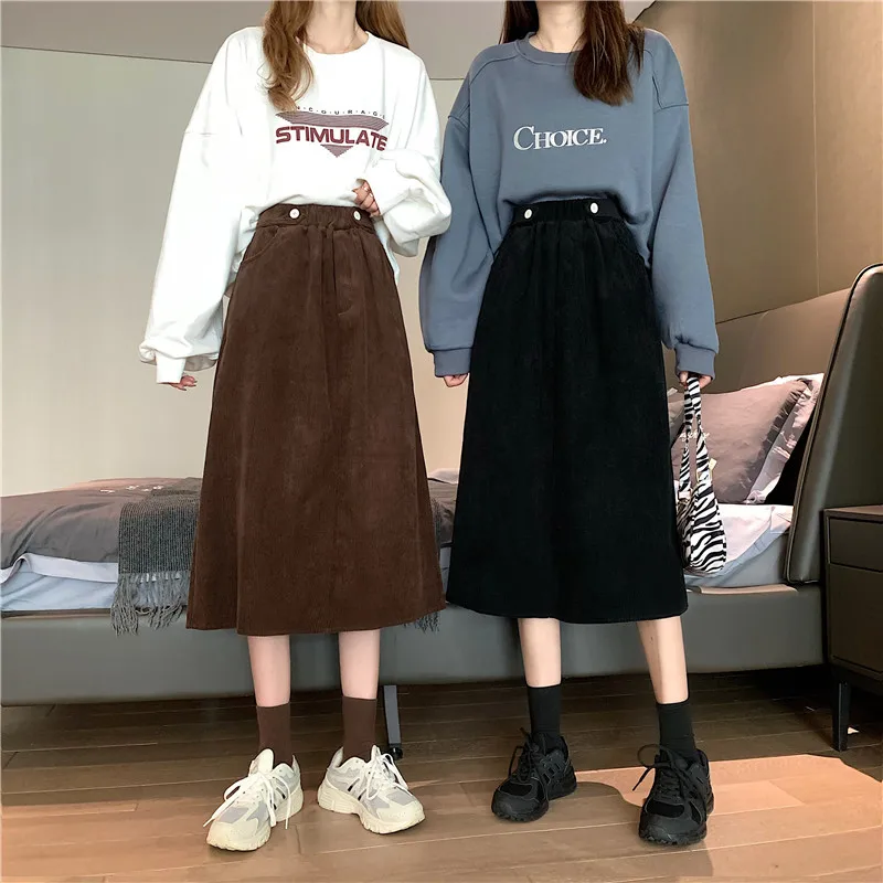 Women Winter Corduroy Skirt Vintage A-line Dress Autumn Harajuku Loose Female Warmth Long Skirt High Waist Lady Daily One Size