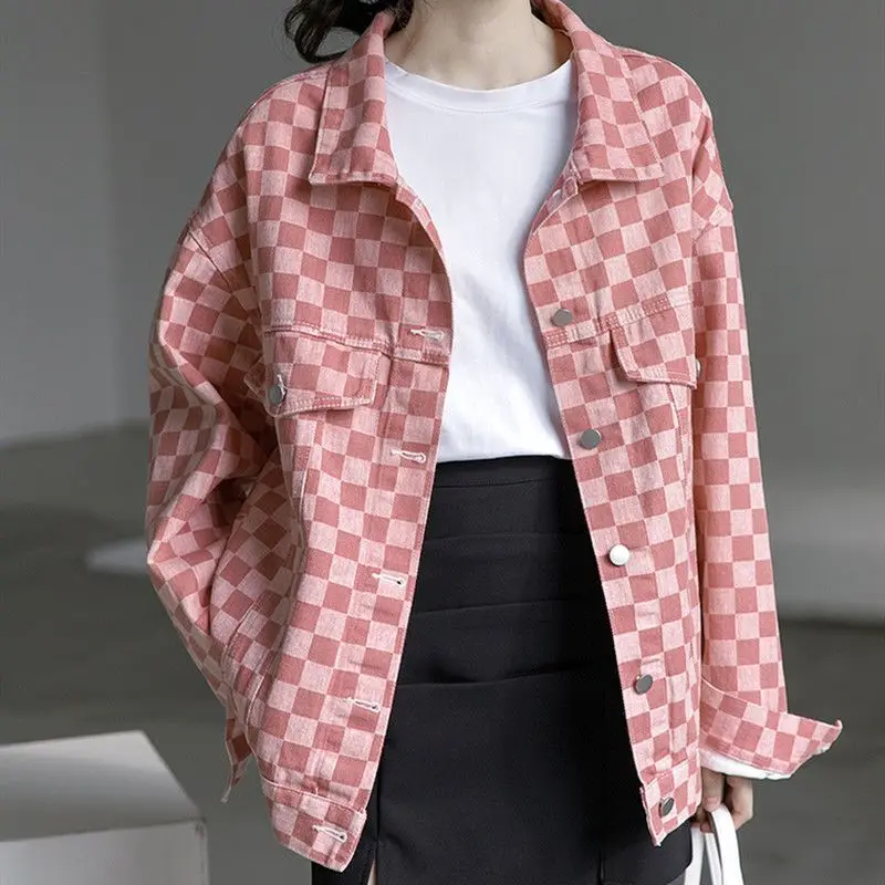 

Summer Women's Pink Plaid Denim Jacket Spring Korean Version Thin 2023 New Loose Fashion Jacket Girly Casual Top