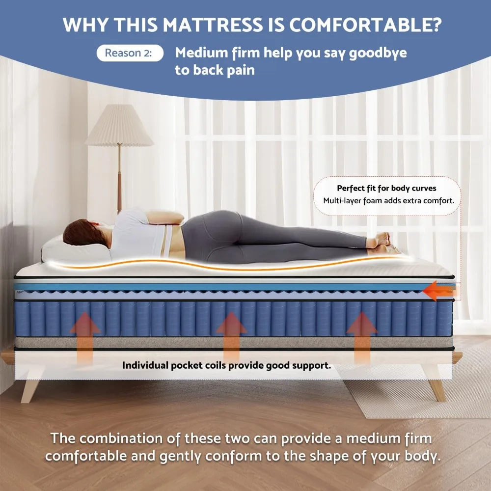 Queen Size Mattress, 14 Inch Hybrid Pillow Top Mattresses in a Box, Medium Firm Mattress for Back Pain, Fiberglass Free 4