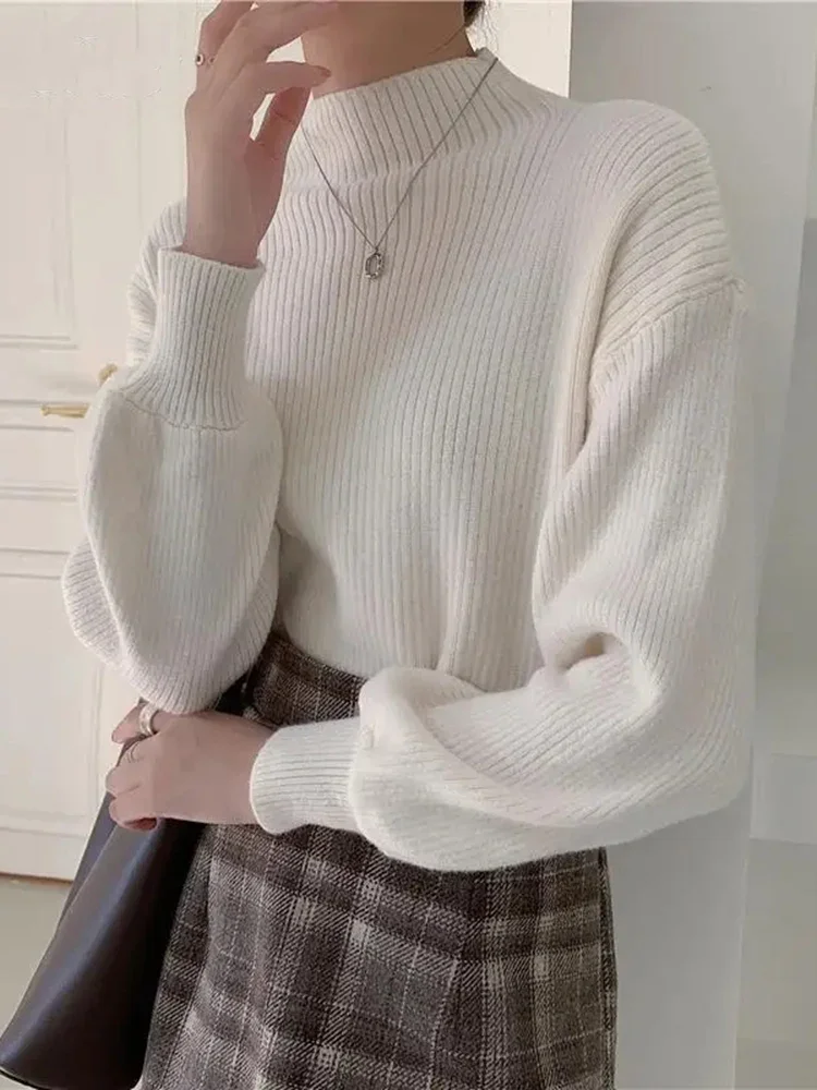 Maglione Pullover tinta unita da donna con collo mezzo alto di nuova Base maglione lavorato a maglia da donna con maniche a lanterna Versatile in stile coreano