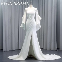 EVON BRIDAL White Satin Wedding Dresses For Bride Mermaid Ruffles Sleeves Beading Bridal Dress Slit Civil свадебный комбинезон