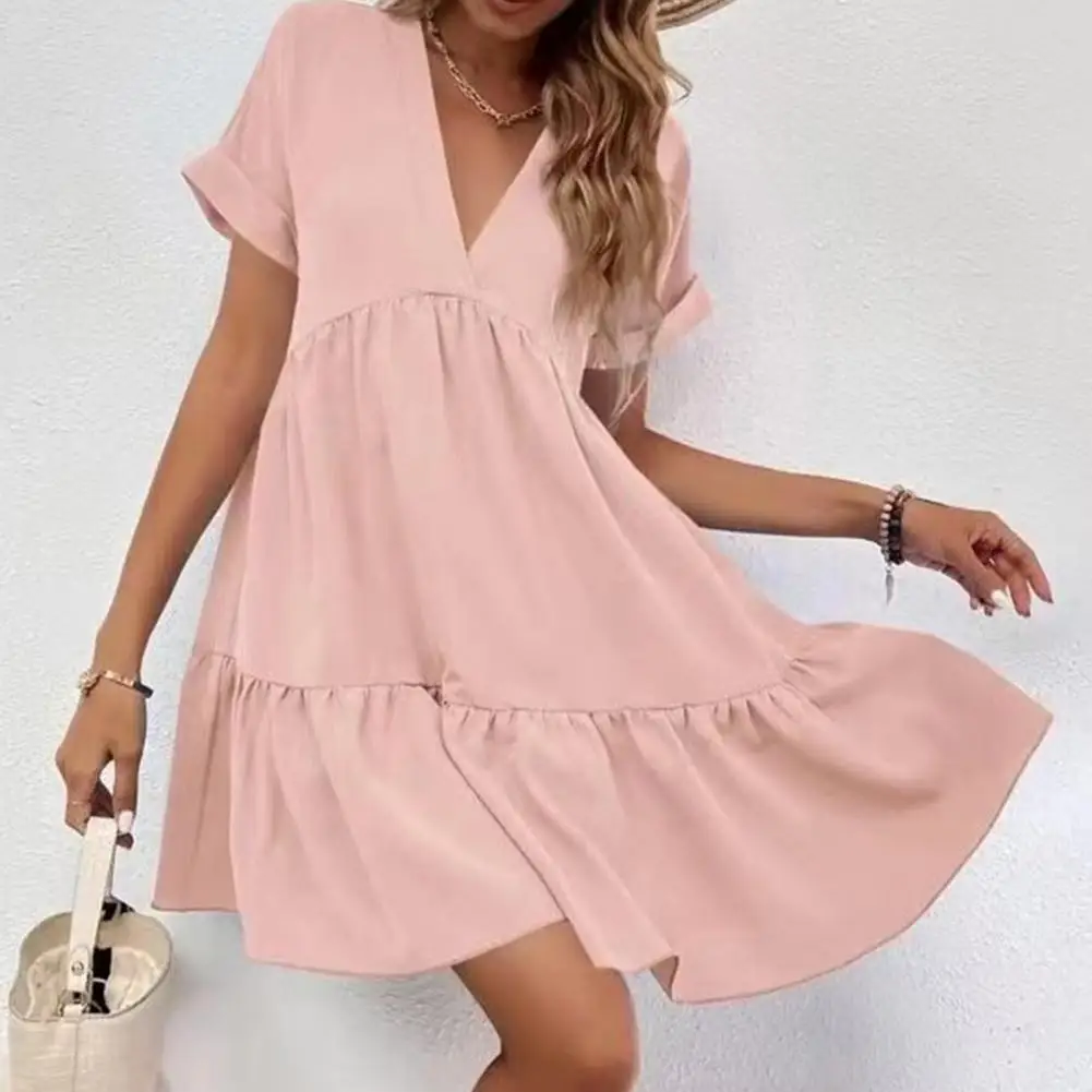 

Dating V-neck Dress Stylish V Neck Summer Dress with Short Sleeves A-line Silhouette for Women Loose Fit Big Swing for Dating