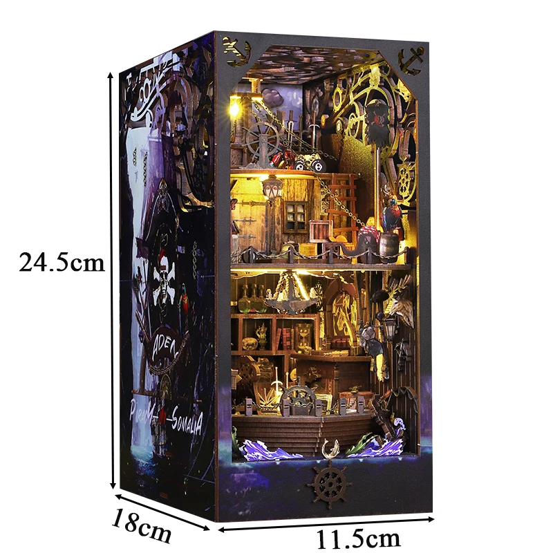 NEW DIY Book Nook Wooden Miniature Model Kit Magic Pirate Ship Bookend 3D Puzzle with Light Bookshelf Home Decor Friends Gifts 6