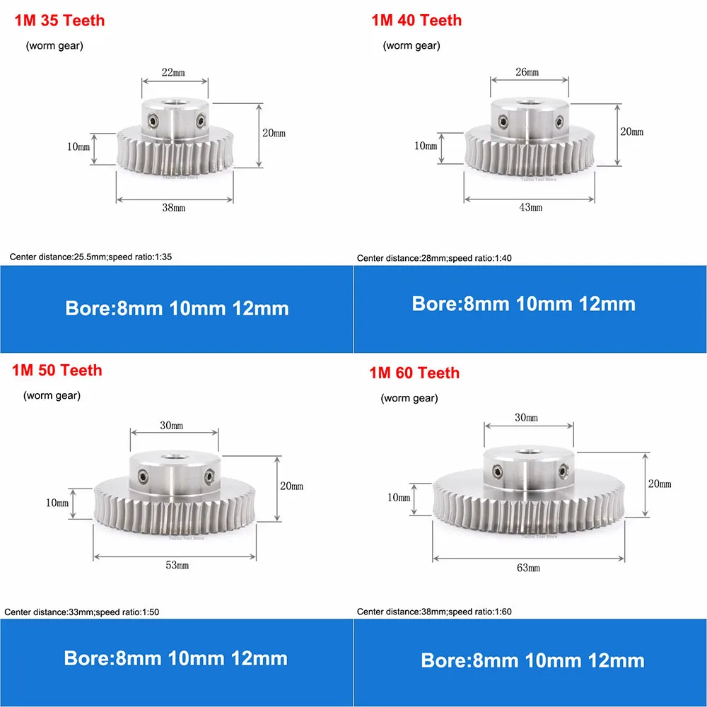 1 Mod Worm Gear Worm Rod 303 Stainless Steel 15/20/25/30/35/40/50/60 Teeth Speed Ratio 1:15 1:20 1:25 1:30 1:35 1:40 1:50 1:60 transmission gear