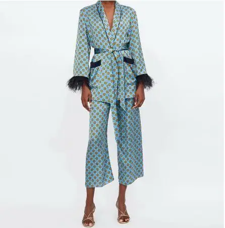 Women's Suits Sunc Spring LOOSE Blue Printed Kimono Jacket with Feather Sleeves Wide Leg Pants Two-piece Viintage Clothing Suits set