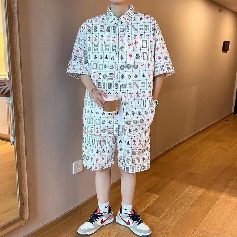 Daily Men Sets Short Sleeve Hawaiian Shirt And Shorts Chinese Mahjong Printing Casual Shirts Beach Two Pieces Suit Fashion Wear